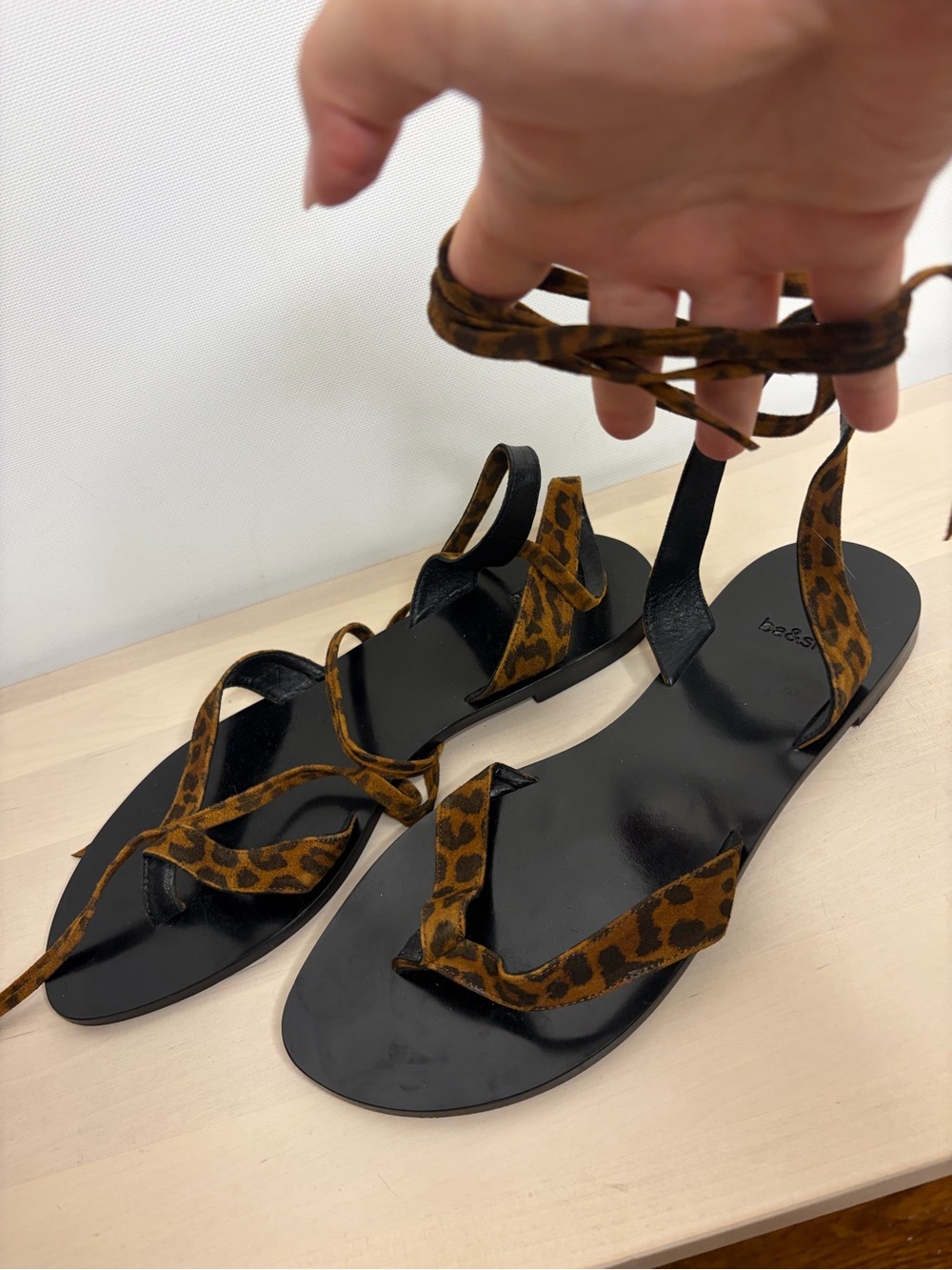ba&sh Leopard Print Lace-Up Flat Sandals - Black & Brown